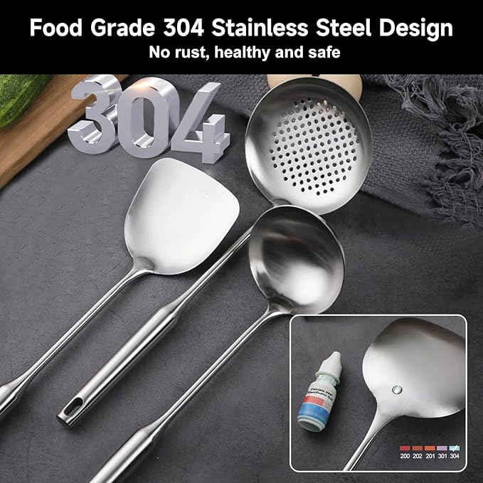 NIITAWH Stainless Steel Wok Spatula, Wok Utensils for Carbon Steel, Wok Tools Professional Set, 3-Pieces 304 Stainless Steel Cooking Utensils All Metal