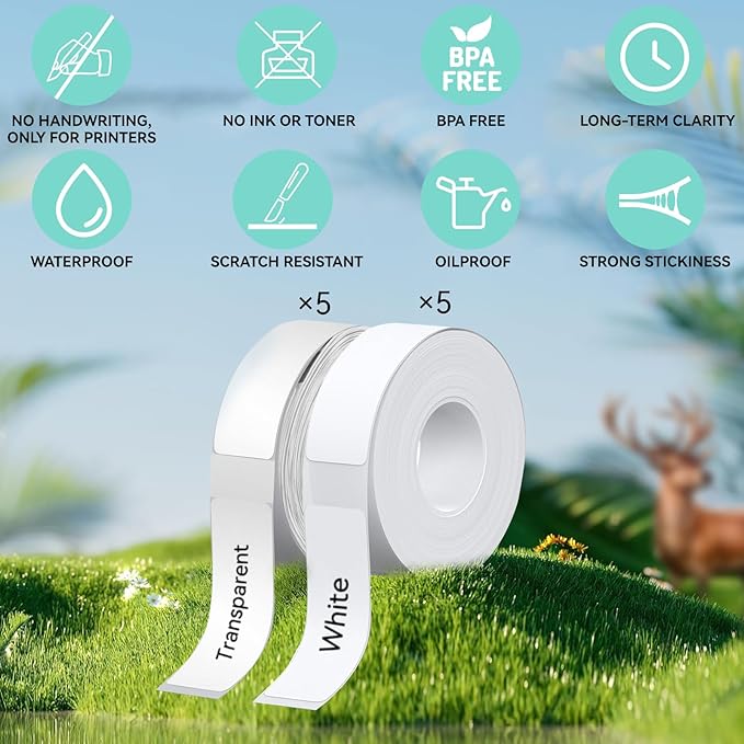 EEBBL D30 P15 HP4 Label Maker Tape 12mm 0.47 Laminated White, Works with Most Non-Encrypted Portable Label Printers，for Home, Office & Small Business 160 Labels/Roll, 5 Rolls White,5Rolls Clear
