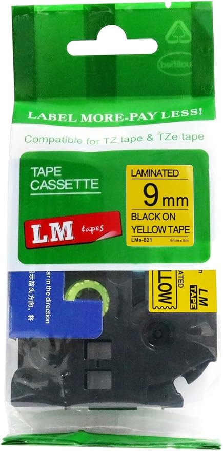 1/Pack LM Tapes - LMe621 Premium 3/8" Black Print on Yellow Label Compatible with P-Touch TZe-621 Tape and Includes Tape Color/Size Guide. Replaces TZ-621 9mm 0.35 Laminated.