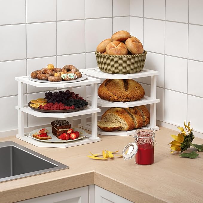VERTORGAN 3 Tier Bamboo Corner Shelf(4 Pack),Dish Drying Rack,Plate Organizer,Kitchen Spice Rack for Countertop and Cabinet(White)