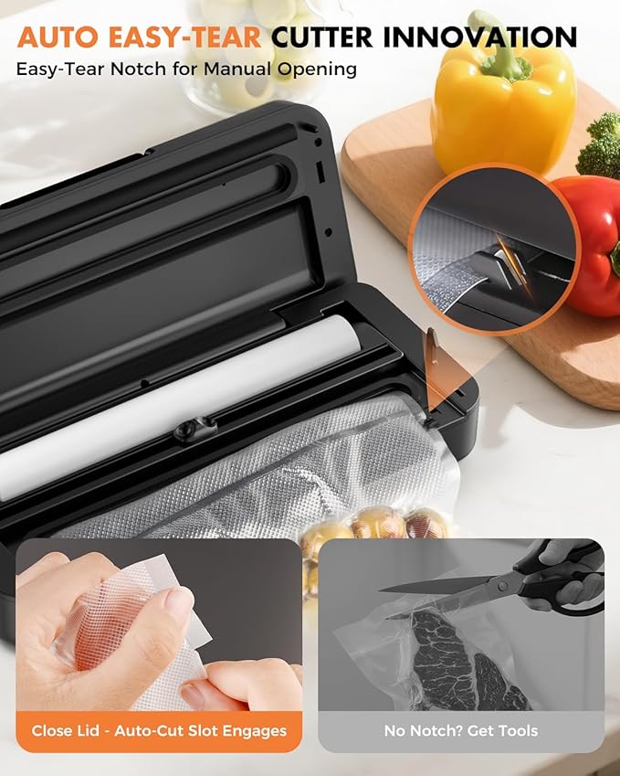 Vacuum Sealer with Easy Tear Cutter, 95kPa Food Saver Vacuum Sealer Machine for Food, 135W Fast Sealing, 9-in-1 Food Vacuum Sealer Machine with 10 ft Bag Roll for Meal Prep & Sous Vide