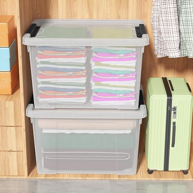 4-Pack 50 L Wheeled Clear Plastic Storage Latch Box, Large Clear Storage Bin with Lid
