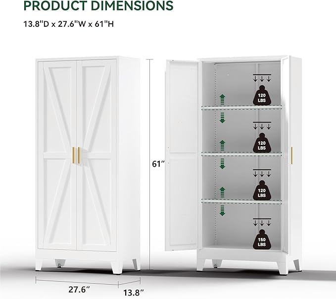 YNIQUESTLE Farmhouse Pantry Cabinet with Barn Doors,61" H x 27.5" W,Metal Cabinet with Adjustable Shelves,4-Tier Storage Cabinet for Kitchen Dining Room Garage,White