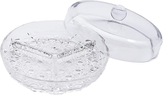 Huang Acrylic 3-Section Divided Serving Dishes with Lid | Round Snack and Condiment Tray With Cover | Multifunctional Party Snack Tray for Nuts, Candies, Fruit, and Veggies