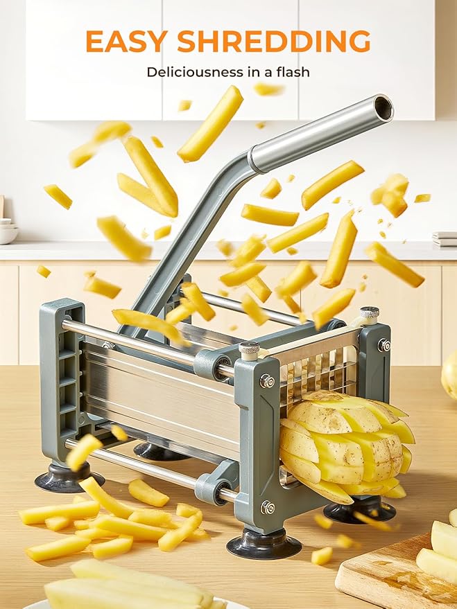 FOHRER French Fry Cutter, Professional Manual Potato Cutter for Fries with 1/2 Inch, 3/8 Inch and 1/4 Inch Heavy Duty Stainless Steel Blades, Easy to Use for Whole Potatoes, Carrots, Cucumbers