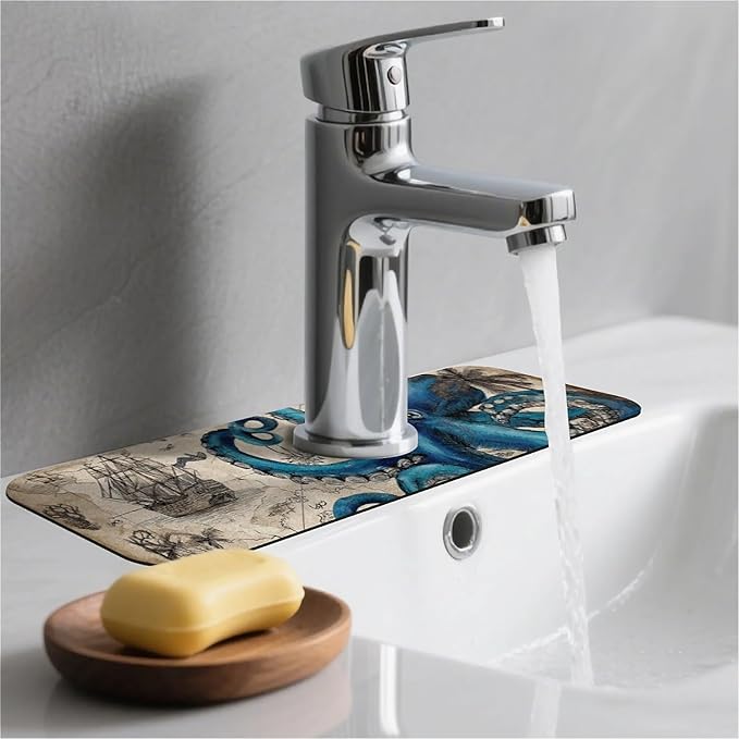 Kitchen Sink Splash Guard，Blue octopus and map Faucet Mat Sink Gadgets-Super Absorbent Fast Drying Mat Drip Catcher for Kitchen, Bathroom,Sink Mat, Dish Drying Mat, Bathroom(15" X 5.5" )