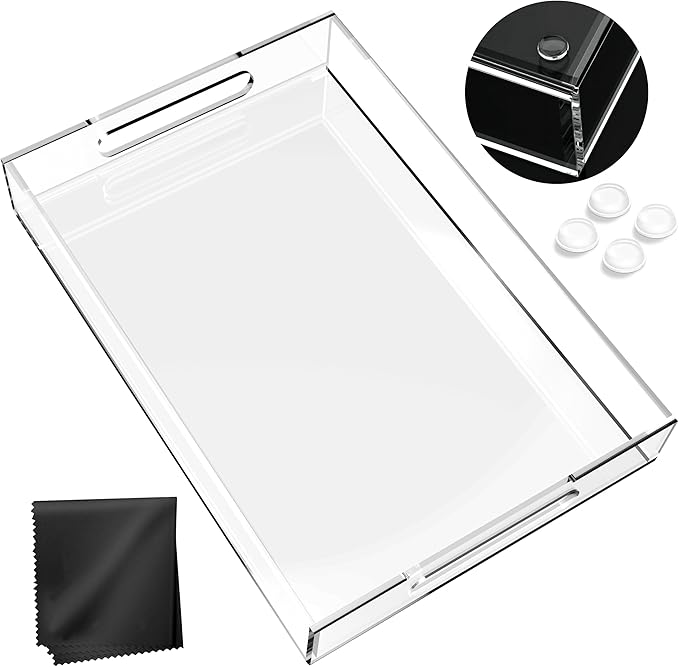 Acrylic Tray 14x11 with Cut Handles - Spill Proof Decorative Tray is an Ideal Countertop Organizer for Living Rooms, Ottoman Coffee Tables, Offices, Kitchens & Serving Guests