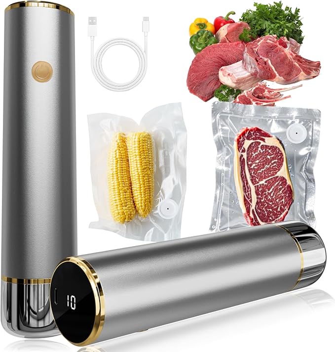 Vacuum Sealer for Food with Digital Display,Handheld Vacuum Sealer Machine with Strong Suction, Upgraded Aluminum Alloy Body, Double Capacity Battery, Bag Sealer for Sous Vide & Storage (Silver)