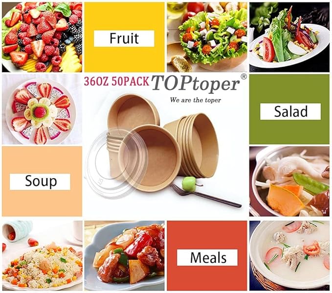 TOPtoper 42Oz 50Pcs Large Paper Bowls with Lids, Disposable Soup Serving Bowls Bulk Party Supplies for Hot/Cold Food, Soup (42 OZ)