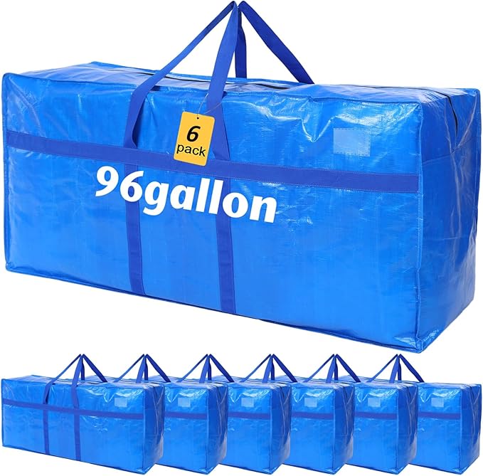 4 Pcs 96 Gallon Extra Large Moving Bags Heavy Duty Storage Bag with Strong Zipper Handle Foldable XXL Jumbo Storage Tote Packing Moving Box for College Dorm Travel Cloth Duffle (Blue)