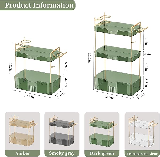 Akinbas 2 Tier Bathroom Organizer Countertop Makeup Perfume Tray Skincare Organizer Comes with Hair Dryer Rack and Toothbrush Holder for Bathroom Dresser Vanity (Green)