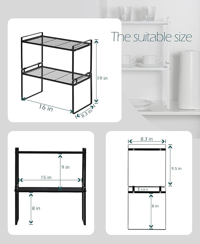 Shantton 2Pack Cabinet Shelf Organizer Storage Rack Space Saving for Kitchen Counter Pantry Bathroom Cupboard Under Sink Office Table Steel Stackable Rust Resistant Heavy Duty Nonslip 16” Black - Tall
