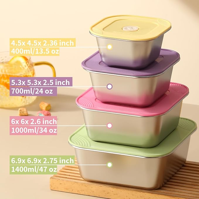 4-Piece Stainless Steel Snack & Lunch Box with Lids Set (Size 4.5", 5.5", 6.3", 7"), Stackable Metal Food Storage Containers, Airtight Leakproof Lunch Containers, Dishwasher Safe Bento Box