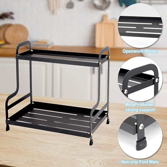 Jofuas 2-Tier Metal Organizer Shelf for Bathroom & Kitchen - Heavy Duty Countertop Storage, Under Sink Cosmetic & Spice Organizer with Non-Slip Base, Easy Assembly