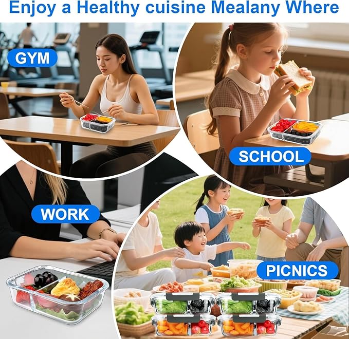 5-Pack 36 oz Glass Meal Prep Containers with Leak Proof Locking Lids, Glass Lunch Containers, Food Prep Lunch Box, Bento Box for Microwave, Oven, Freezer, Dishwasher Safe(2 Compartments)