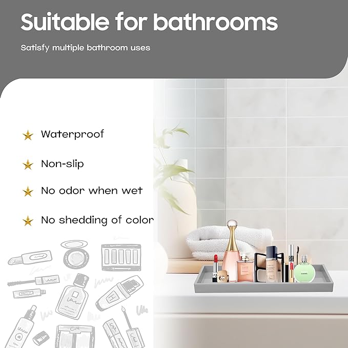 Mriluvy Vanity and Bathroom Tray, 15" ABS Countertop Organizer,Waterproof Vanity Tray for Toilet Tank,Perfume,Soap,Keys,Bathroom Accessories,Kitchen and Bath Trays,Non Slip Small Trays,Gray