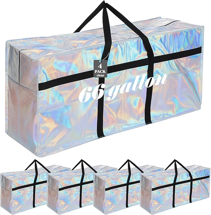 4 Pcs 66 Gallon Extra Large Moving Bags Heavy Duty Storage Bag with Strong Zipper Handle Foldable XXL Jumbo Storage Tote Packing Moving Box for College Dorm Travel Cloth Duffle (Iridescent)