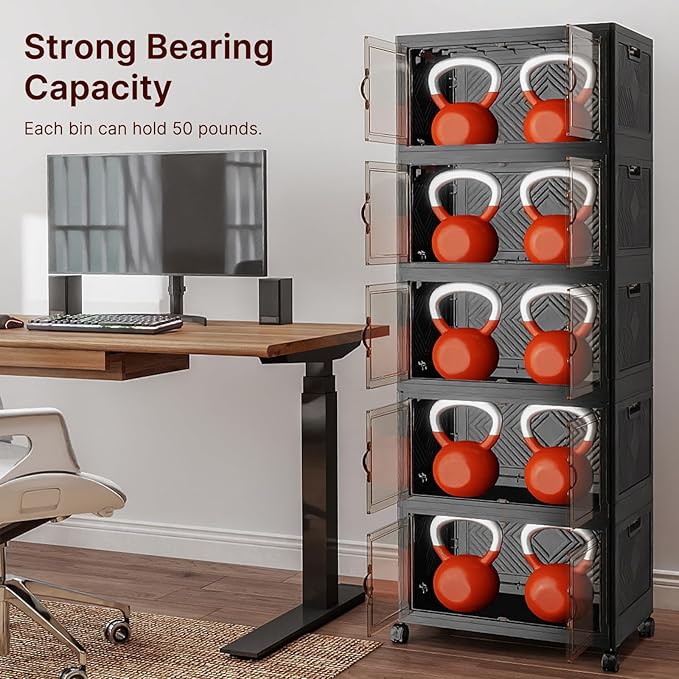 Extra Large Stackable Storage Bins with Lids & Wheels, 275QT-55QT/14GAL*5Pack Foldable Collapsible Closet Organizers Dark Storage Cabinet with Doors for Bedroom Dorm