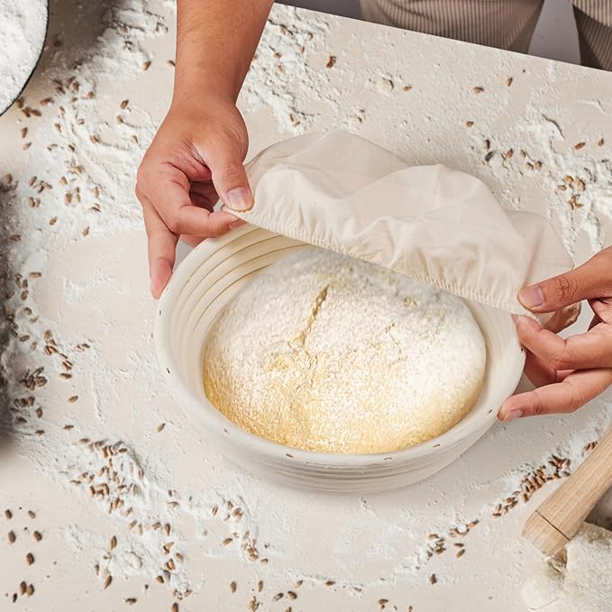 Dimpola Banneton Bread Proofing Basket - 9 inch Banneton Basket Set of 2 Sourdough Proofing Basket Round Proofing Bowls Handmade Rattan Baskets and Liners