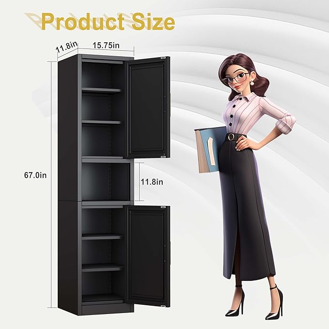 67" Tall Narrow Storage Cabinet Metal Bathroom Cabinet with 2 Doors & 4 Adjustable Shelves, Standing Pantry Cabinets Cupboard for Kitchen, Dining Room, Living Room and Bathroom (Black)