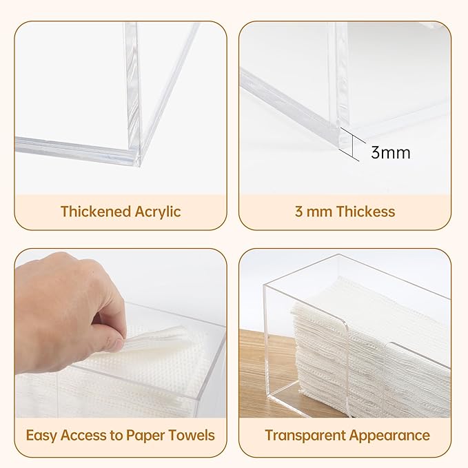 2 Pack Acrylic Countertop Paper Towel Holder, Paper Towel Dispenser for Countertop, Acrylic Napkin Holder(3mm Acrylics) Z-fold, C-fold or MultiFold Trifold Paper Towels for Bathroom, Kitchen