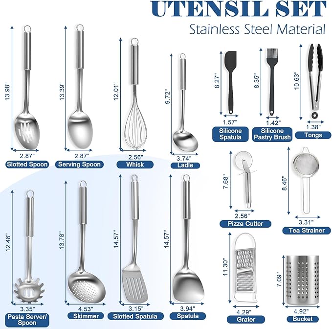 BEWOS Cooking Utensils Set 15 Piece - Stainless Steel Kitchen Utensils Set, Kitchen Tools Set with Spatula and Holder, Non-Toxic, Dishwasher Safe & Heat Resistant