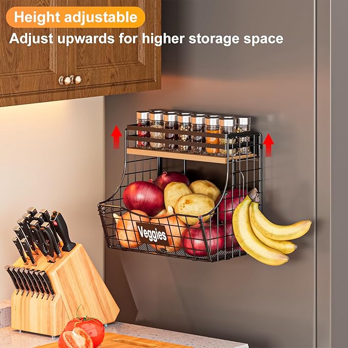 Magnetic Shelf for Fridge with Adjustable Wood Lid & Nameplate, Fruit Potato & Onion Storage Bins with 2 S Hook, Magnetic Spice Rack for Refrigerator, Magnetic Fridge shelf for Kitchen Pantry Laundry