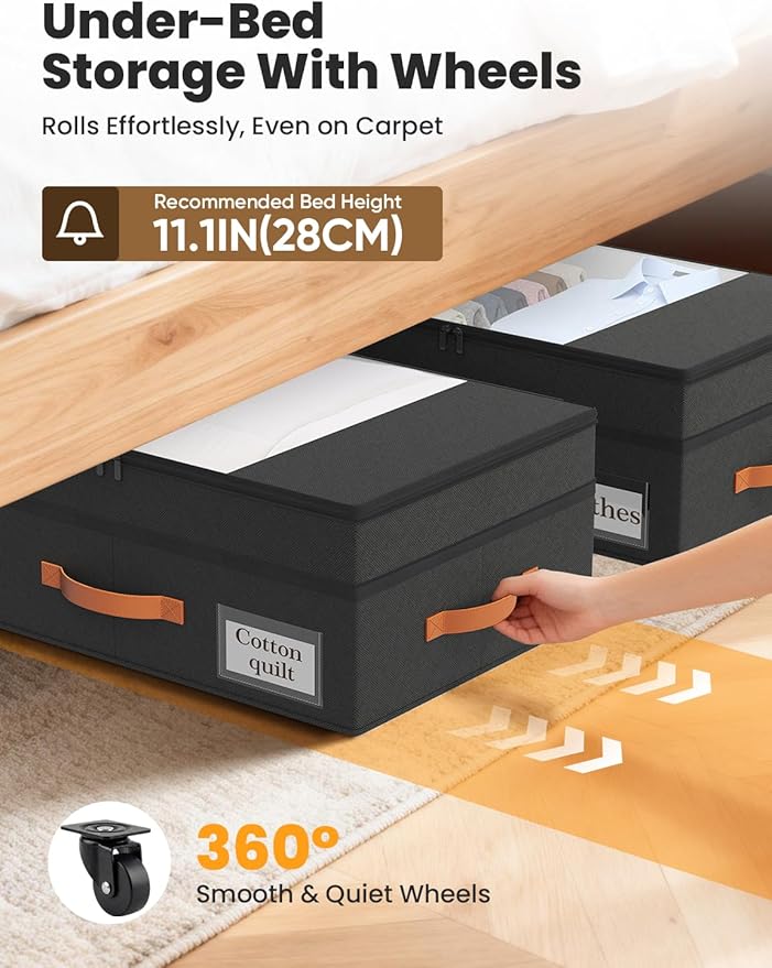 TOSKING Under Bed Storage with Wheels (2 Pack), Adjustable Height 7.9"-10.2", 6 Vacuum Bags, Expandable Rolling Underbed Bins, 600D Oxford Fabric, Drawer Organizer for Clothes, Shoes, Toys, Black