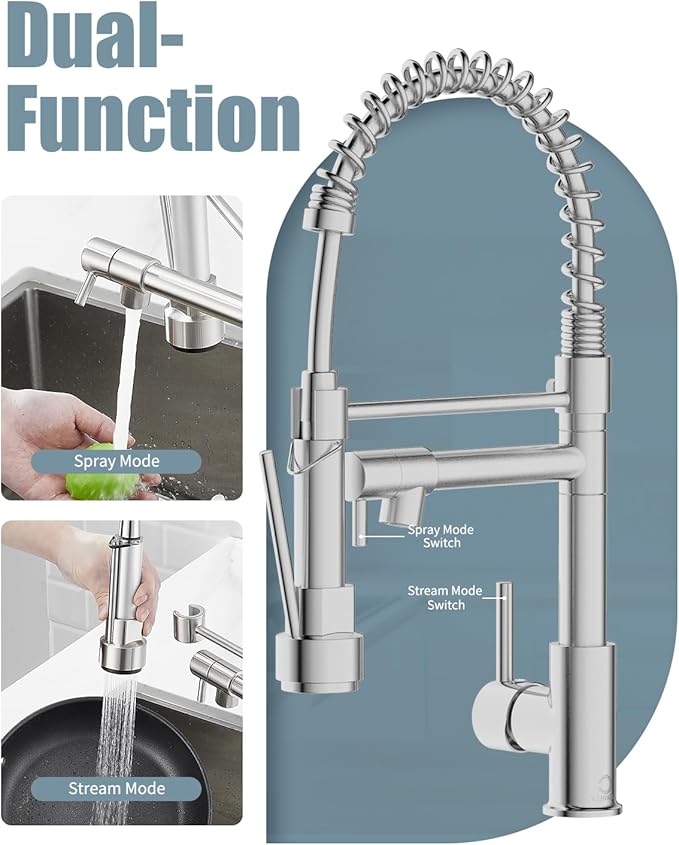 Faucet, Kitchen Faucet with Sprayer, RV Faucet for Kitchen Sink, Single Handle Stainless Steel Kitchen Sink Faucets with Dual Function Spray Head, Nickel Brushed