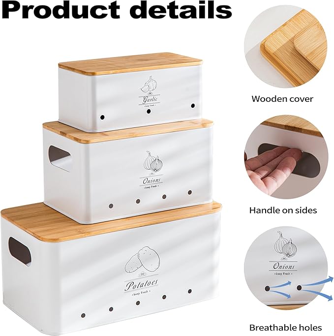 Potato Onion and Garlic Storage Bin Set of 3, White Metal Kitchen Vegetable Canisters with Bamboo Lid and Aerating Holes, Stackable Kitchen Storage Tin for Countertop Pantry