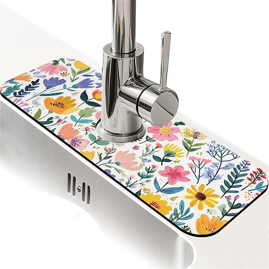 Kitchen Sink Splash Guard，Cute spring floral Faucet Mat Sink Gadgets-Super Absorbent Fast Drying Mat Drip Catcher for Kitchen, Bathroom,Sink Mat, Dish Drying Mat, Bathroom(15" X 5.5" )