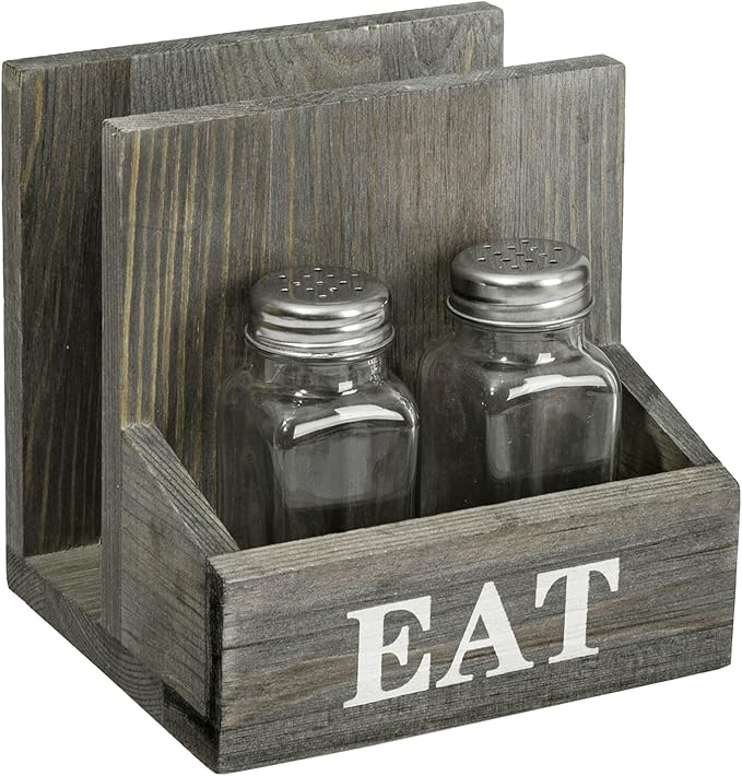MyGift Napkin Holder with Salt and Pepper Shakers, Vintage Gray Solid Wood Table Napkin Holder, 2 Compartment Salt and Pepper Holder and Condiment Server with White EAT Label