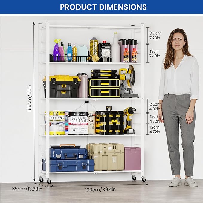 ALANNG 40" W Foldable 5-Tier Storage Shelves with Wheels, Adjustable & Removable Metal Rack, Heavy Duty Rolling Organizer for Kitchen, Garage, Closet, Pantry, and Office (White,3 Pack)