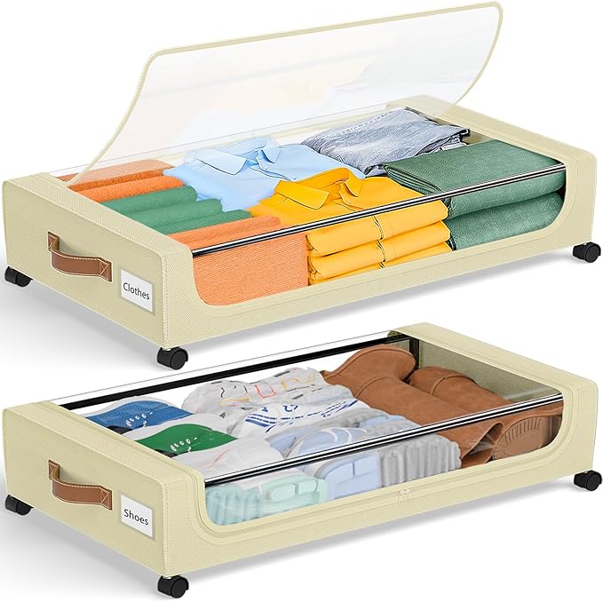 GoMaihe Under Bed Storage with Wheels: XXL Underbed Storage Containers with Lids - Rolling Bins for Shoes Clothes in Dorm Bedroom - Metal Drawers Easy Pull-out Beige 2-Pack