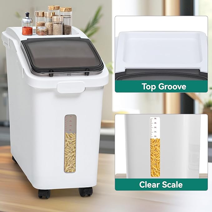YITAHOME Large Flour Storage Container Ingredient Bins, 11.4-Gallon Rice Food storage Containers Bins with Wheels, Scoop and Airtight Lid for Bulk Rice, Cereal Grain, Sugar, White