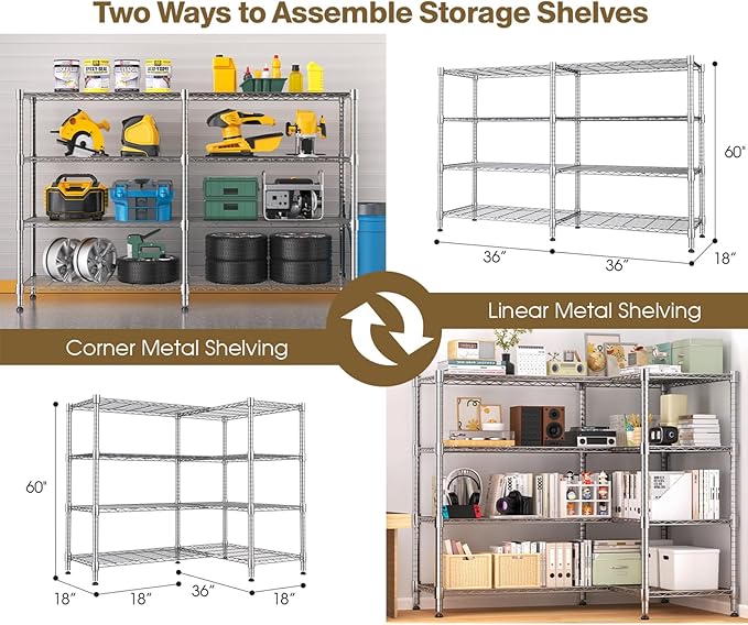 Himimi 4-Tier Metal Shelving-1600LBS Capacity, Adjustable Heavy Duty Wire Unit with Leveling Feet for Kitchen, Garage, Pantry, Laundry, 72" W x 18" D x 60" H, Silver