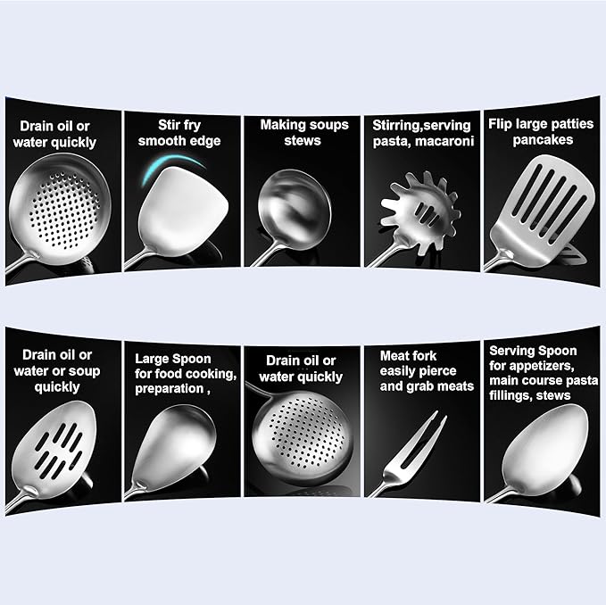 NIITAWH 18/10 Stainless Steel Kitchen Utensils, 9 PCS Metal Cooking Utensils Set 15", Solid and Slotted Spoon, Fork, Spatula, Ladle, Skimmer, Slotted Spatula Tunner, Spaghetti Large Spoon