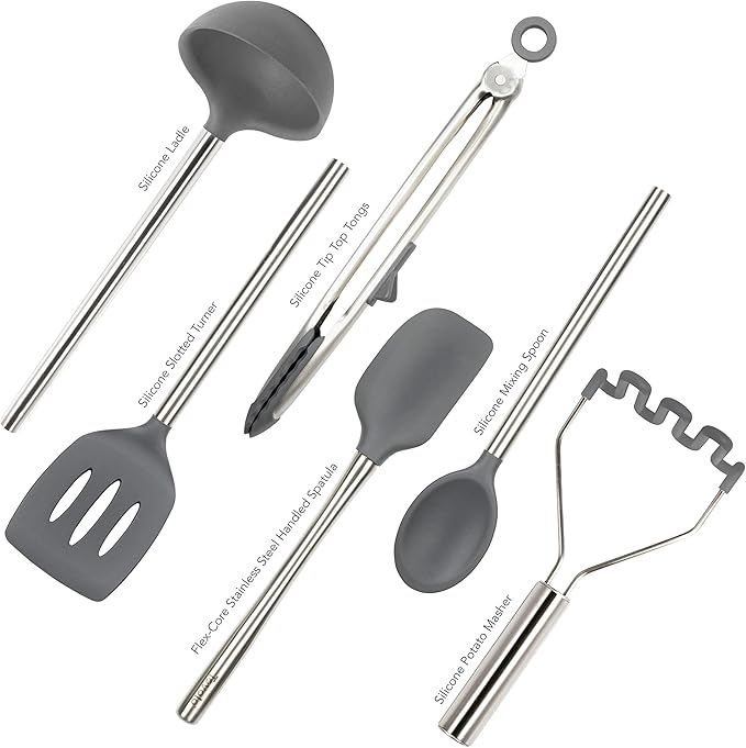 Tovolo Silicone Cooking Utensil Set of 6 Charcoal Gray Ladle Slotted Turner Tongs Flex Core Spatula Scraper Mixing Spoon and Potato Masher, Dishwasher Safe Non Toxic BPA Free Silicone Kitchen Utensils