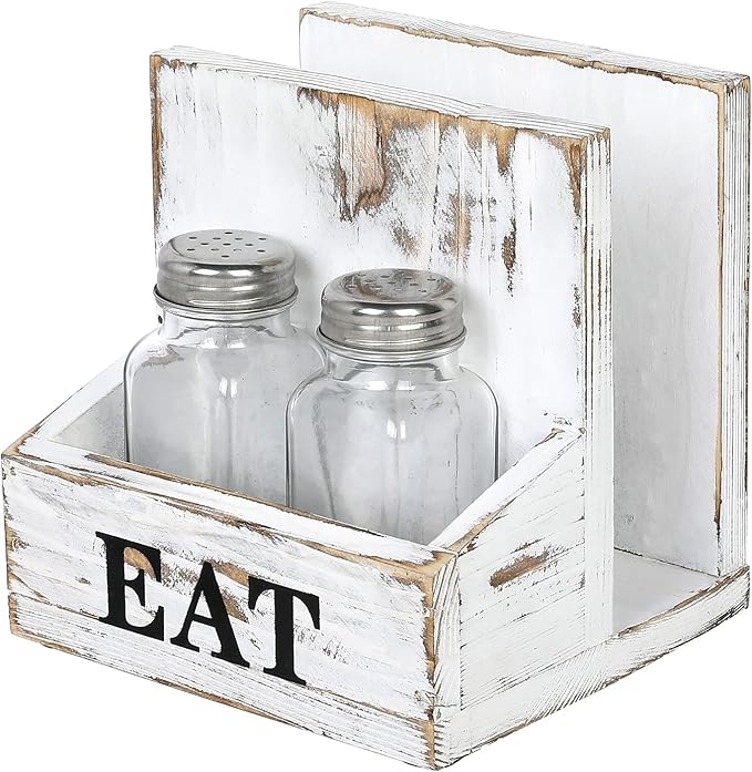 MyGift Napkin Holder for Table, Wood Napkin Holder with Salt and Pepper Shakers Set, Condiment Caddy with Bold Black Printed EAT Design, Standing Paper Napkin Storage for Kitchen Dining Table Decor