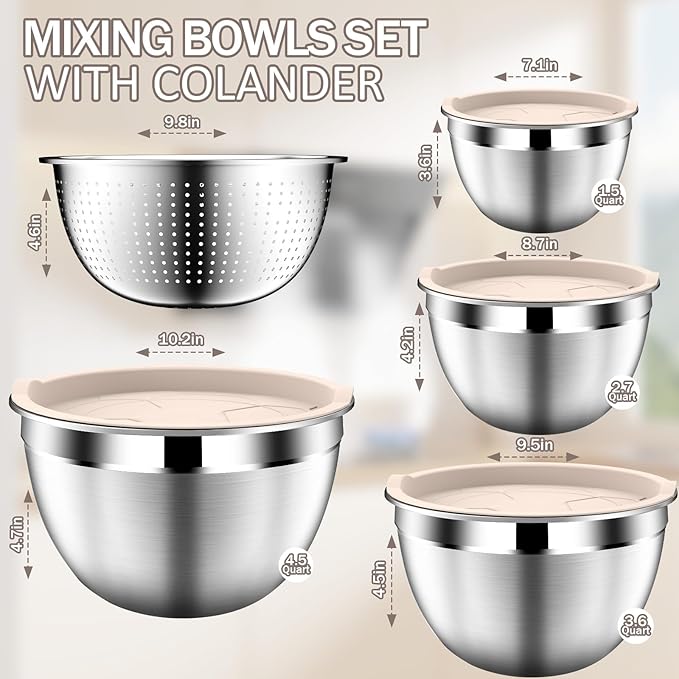 DUTZUN Stainles Steel Mixing Bowls with Lids Set, Stackable Metal Mixing Bowl with Strainer, 5-Piece - Beige