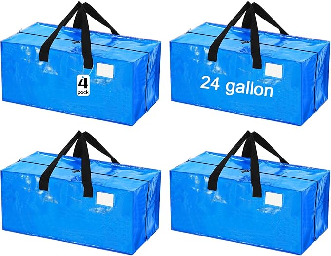 4 Pcs 24 Gallon Extra Large Moving Bags Heavy Duty Storage Bag with Strong Zipper Handle Foldable XXL Jumbo Storage Tote Packing Moving Box for College Dorm Travel Cloth Duffle (Blue)