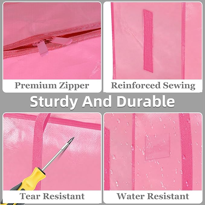 12 Pack-Extra Large Heavy Duty Moving Bags - Waterproof Storage Totes with Handles & Zippers, Foldable for College Dorm, Storage (Pink)