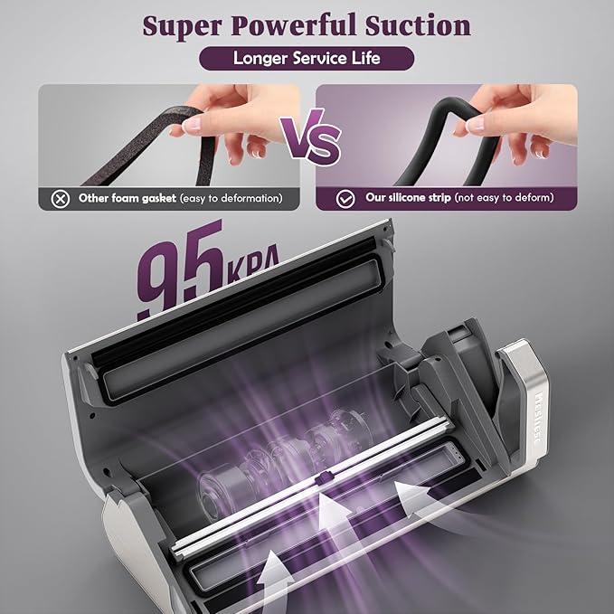 Mesliese Vacuum Sealer Machine, Powerful 95kPa 140W One Hand Operation Food Sealer, Double Seal Strip with Build-in Cutter & Countdown Display