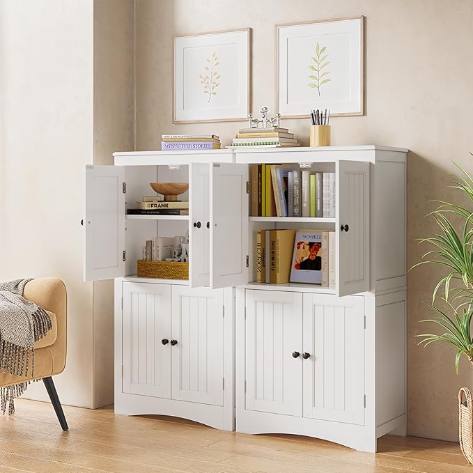 Gizoon 43" Kitchen Pantry Cabinet, Bathroom Storage Unit with Adjustable Shelves and 4 Magnetic Doors, Floor Cabinet for Kitchen, Living Room, White