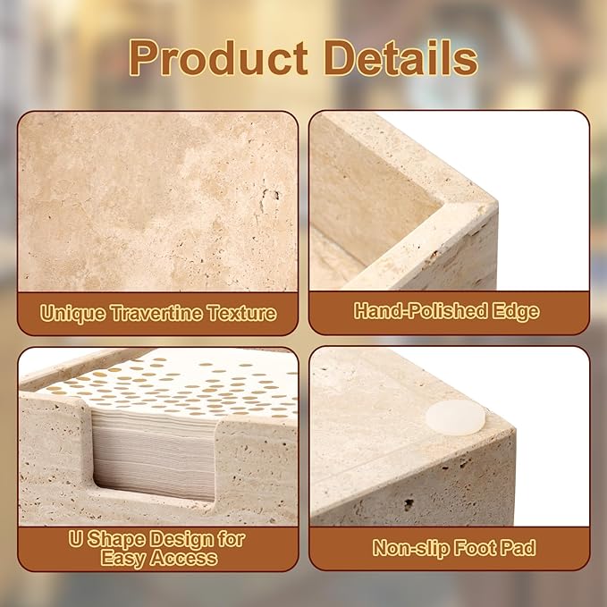 Shonmogar Luncheon Napkin Holder,Travertine Stone Napkin Holders Fit for 6.5”x6.5” Luncheon-Sized Napkins,Stone Napkin Holder for Table Kitchen Counter Dining Room Party Bar Decor,Beige