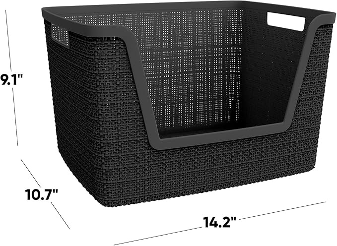 Curver Set of 4 Large 18L Easy Access Jute Decorative Plastic Organization and Storage Baskets - Perfect Bins for Home Office, Closet Shelves, Kitchen Pantry and All Bedroom Essentials, Black