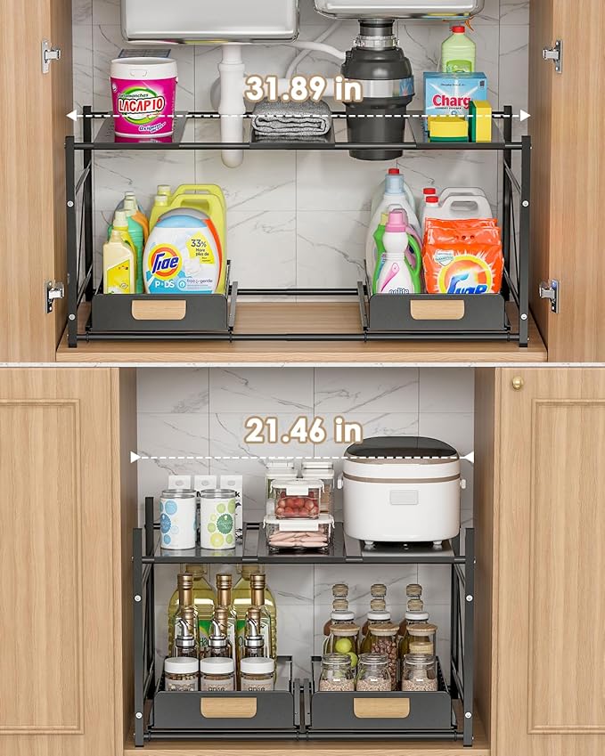 REALINN Extendable Under Sink Organizer, 2 Tier Expandable Under Cabinet Organizer Shelf with Height Adjustable, Retractable Cabinet Storage, Black