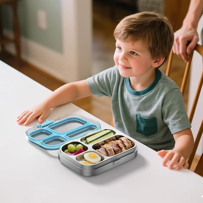 G.a HOMEFAVOR Stainless Steel Lunch Box - 4 Compartments Bento Box for Kids, Leakproof Metal Food Container for School, Office, Dishwasher Safe, Shatterproof, 27 oz, Blue