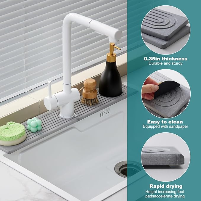 Stone Faucet Mat for Kitchen Sink Bathroom Counter, 23.6 Inch Light Grey Diatomite Water-Absorbing Drying Stone Mat, Sink Stone Tray Protector,Prevent Moisture Sink Splash Guard