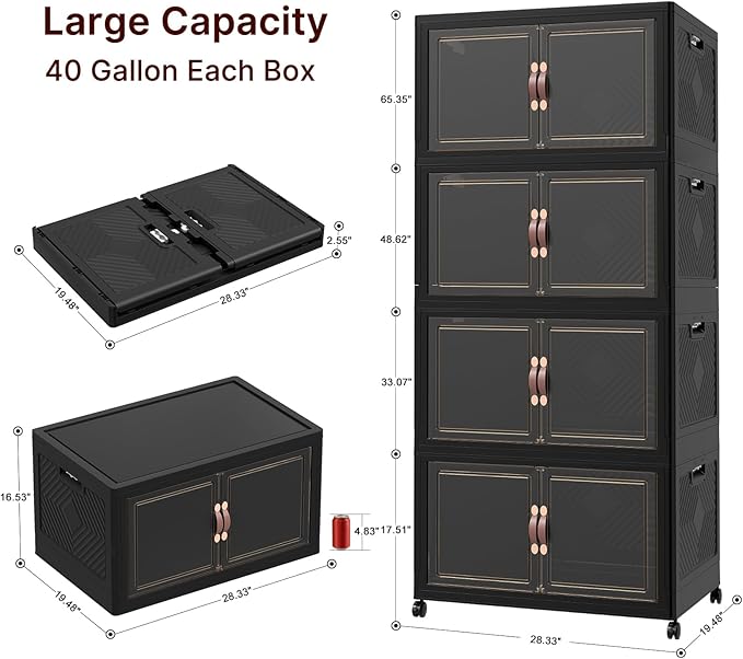 Extra Large Stackable Storage Bins with Lids & Wheels, 1344QT-168QT/42GAL*8Pack Foldable Collapsible Closet Organizers Dark Storage Cabinet with Doors for Bedroom Dorm